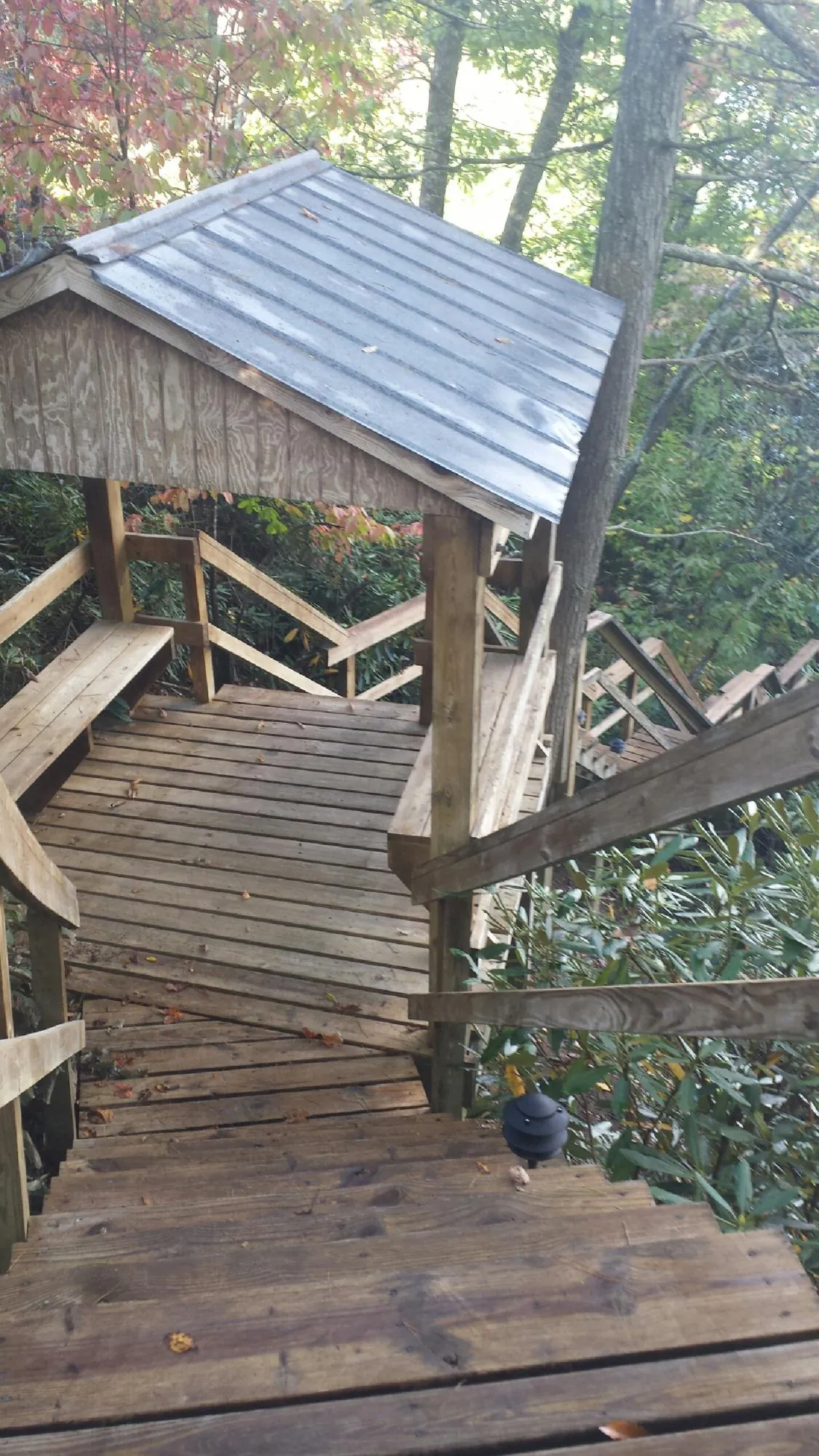 Metal roofed shelter over wooden steps on a wooded walkway — Skylight Repair & Installation work by our crew in Lineville